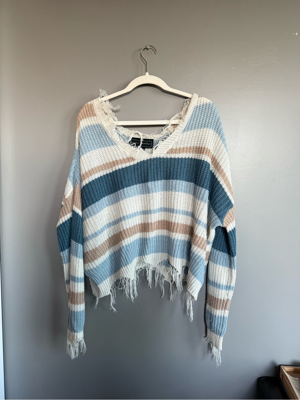Polly & Esther Striped Distressed V-Neck Sweater in Blue, Cream & Tan
